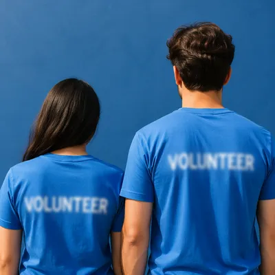 Community Volunteers in Matching Blue Shirts