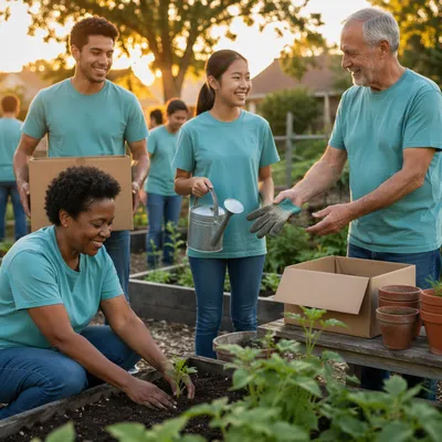 Volunteer Team in Community Garden at Sunset