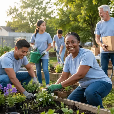 Diverse Volunteer Team in Community Garden