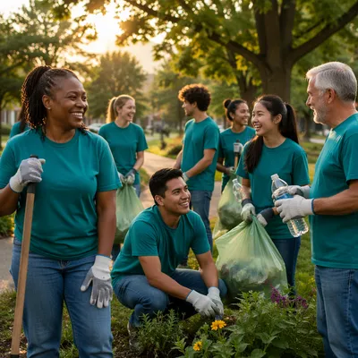 Diverse Volunteer Team in Teal Shirts
