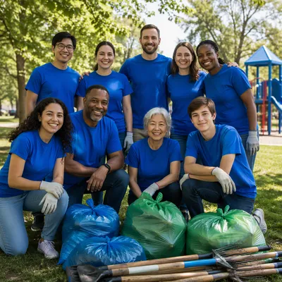 Volunteer Team in Sunny Neighborhood Park