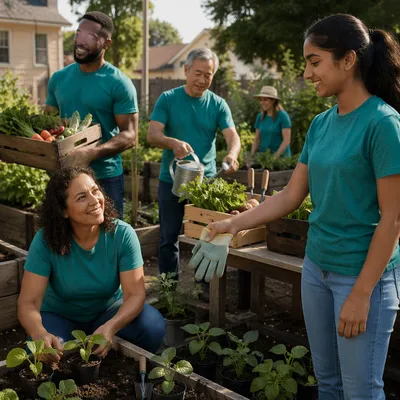 Volunteer Team Organizing Produce in Garden