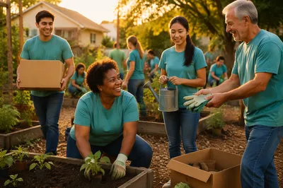 Volunteer Team in Community Garden at Sunset