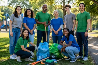 Volunteer Team in Sunny Neighborhood Park