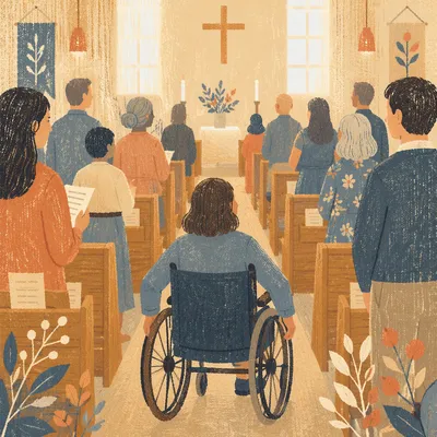 Wheelchair User in Warm Church Gathering