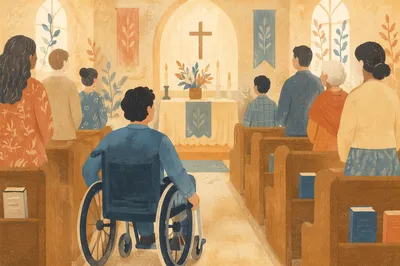 Wheelchair User in Warm Church Aisle