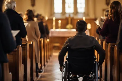 Wheelchair User in Warm Church Aisle