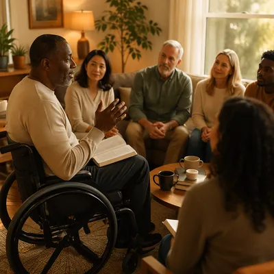 Wheelchair User Leading Living Room Bible Study