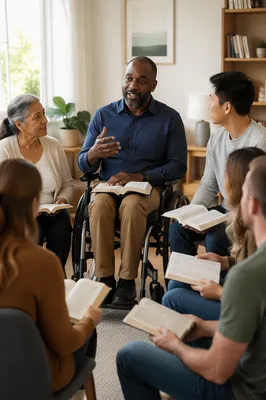 Wheelchair User Leading Living Room Bible Study