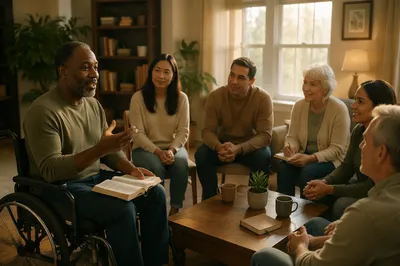 Wheelchair User Leading Living Room Bible Study