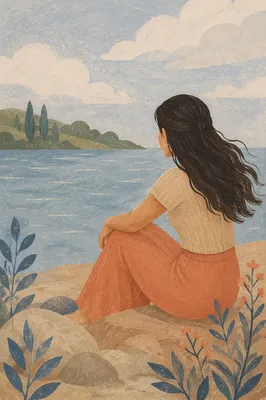 Confident Woman Reflecting by Quiet Lakeshore
