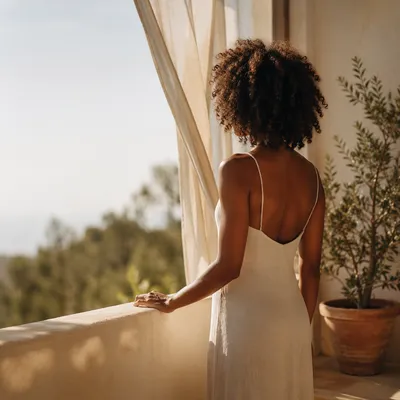 Confident Woman in Sunlit Balcony Portrait
