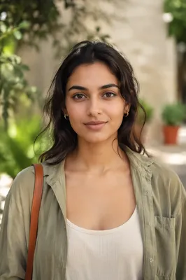 Confident Young Woman in Garden Courtyard
