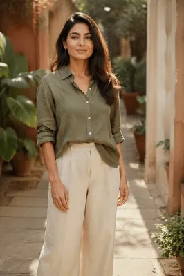 Confident Woman Portrait in Garden Courtyard