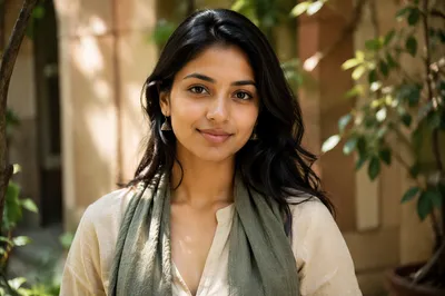 Confident Young Woman in Garden Courtyard