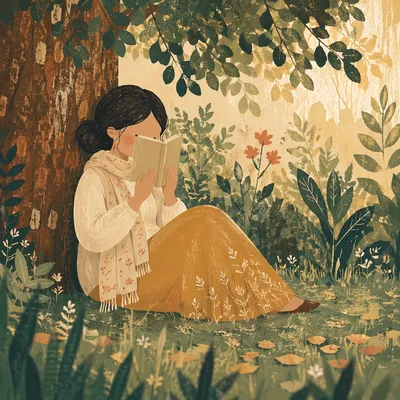 Woman Reading Under Tree Shade in Summer