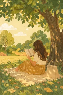 Woman Reading Under Tree Shade in Summer