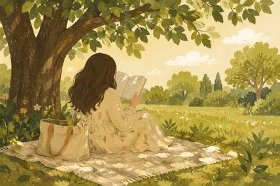 Woman Reading Under Summer Tree Shade