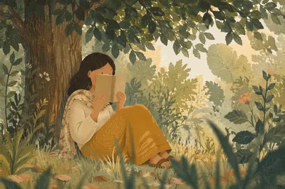 Woman Reading Under Summer Tree Shade
