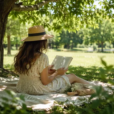 Woman Reading Under Tree Shade in Summer