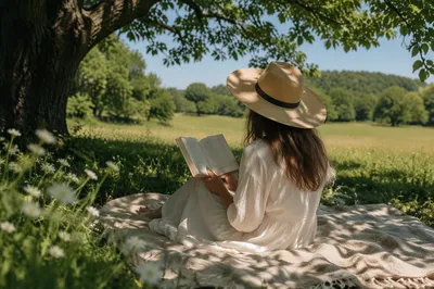 Peaceful Woman Reading Under Summer Tree
