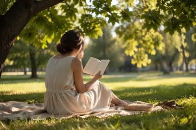 Woman Reading Beneath Summer Tree Shade