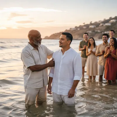Seaside Baptism Celebration at Golden Hour