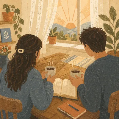 Couple Reading Bible Over Morning Coffee