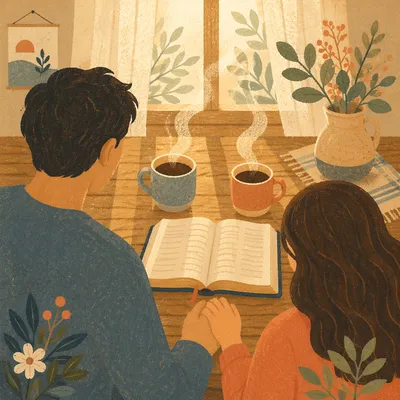 Couple Reading Bible Over Morning Coffee