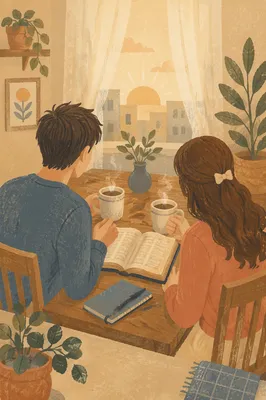 Couple Reading Bible Over Morning Coffee