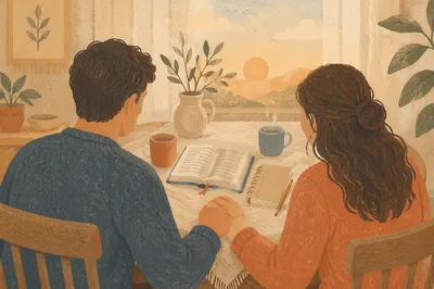 Couple Reading Bible Over Morning Coffee