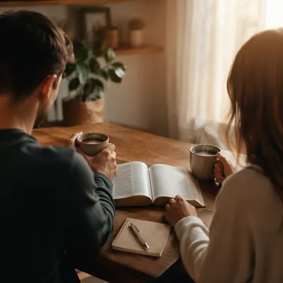Young Couple Reading Bible Over Coffee