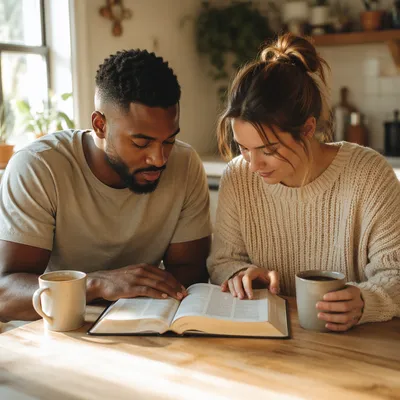 Young Couple Reading Together Over Morning Coffee