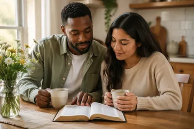 Young Couple Reading at Morning Table