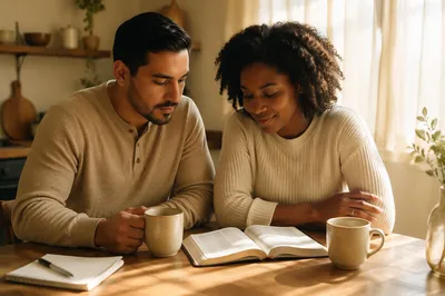 Young Couple Reading Bible Over Coffee