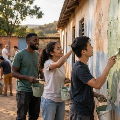 Young Volunteers Painting Rural School Wall