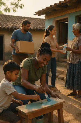 Young Volunteers Serving in Rural Courtyard