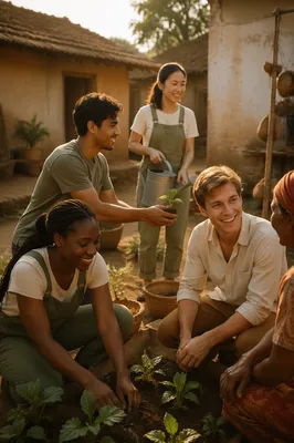 Young Adults Gardening in Village Courtyard