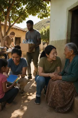 Young Volunteers Helping in Rural Courtyard