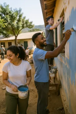 Young Volunteers Painting Rural School Wall