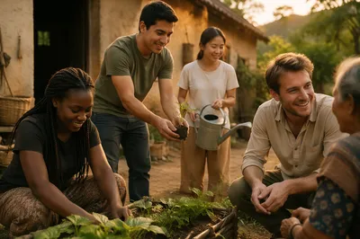 Young Adults Gardening in Village Courtyard