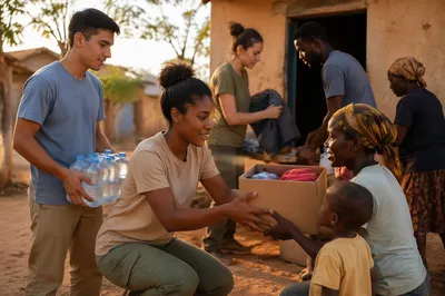 Young Volunteers Assisting Outside Rural Clinic