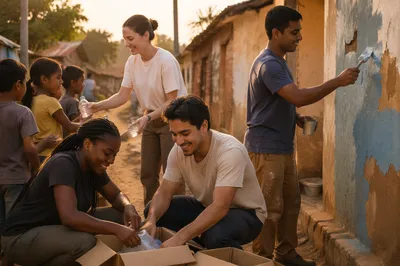 Young Volunteers Working in Village Lane