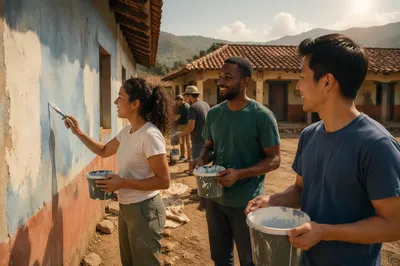 Young Volunteers Painting Rural School Wall