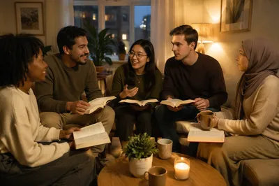 Five Young Adults Reading in Living Room