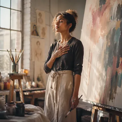 Young Woman Painting in Sunlit Loft Studio