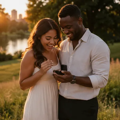 Young Couple Holding Ring Box at Sunset