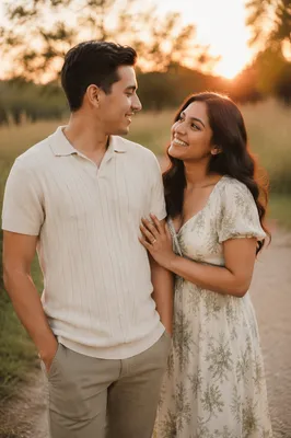 Young Couple on Park Path at Sunset