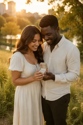 Young Couple Holding Ring Box at Sunset