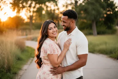 Young Couple on Park Path at Sunset